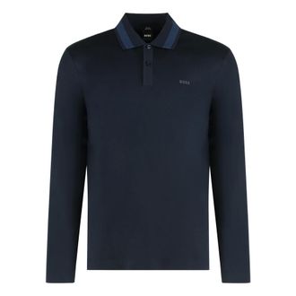 HUGO BOSS Hugo, Polo Shirts, male, Blue, Size: L Long Sleeve Cotton Polo
