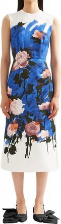 Erdem Sleeveless Pencil Midi Dress In Brush Stroke Rose Cobalt Blue