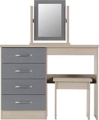 Seconique NEVADA DRESSING TABLE SET - GREY GLOSS/LIGHT OAK EFFECT VENEER - SECONIQUE | TJ Hughes