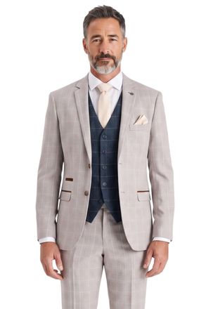 PAUL ANDREW Mens Light Beige Check 3 Piece Suit with Navy Tweed Waistcoat