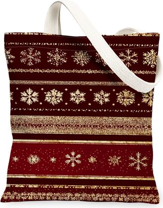 Generic Elegant Burgundy Canvas Tote Bags, Snowflake Print Reusable Grocery Bags, Winter Lightweight Washable Shoulder Strap Canvas, Burgundy, 13x15 Inch