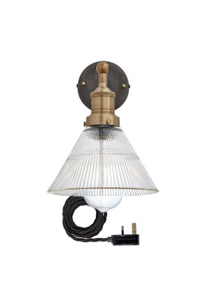 Industville Brooklyn Glass Funnel Wall Light, 7 Inch, Brass Holder With Plug