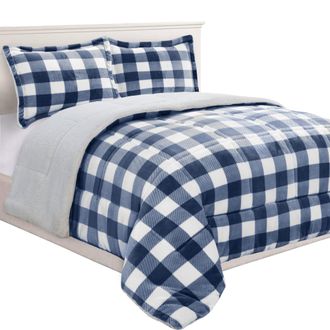 Elegant Comfort 3-Piece Buffalo Micro-Suede Reversible Sherpa - Lodge-Plaid Pattern Comforter Set