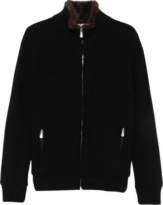 Barba Ribbed-Knit Faux-Fur-Trim Jacket - Heren - Bomber jackets - Zwart - 2XL - Jassen