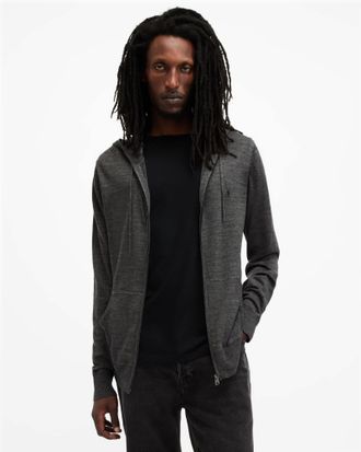 AllSaints Wool Mode Merino Zip Up Ramskull Hoodie, Size: XXL