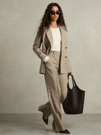 Reiss Brown Check Wool Wide-leg Houndstooth-check Trousers, 14R