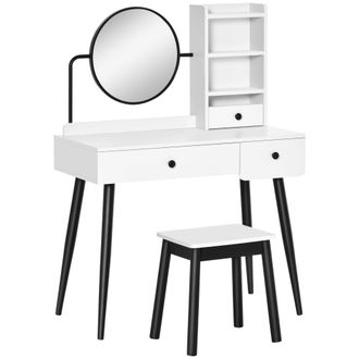 HOMCOM Dressing Table Set with 3 Drawers - Storage shelves and Stool - White | TJ Hughes