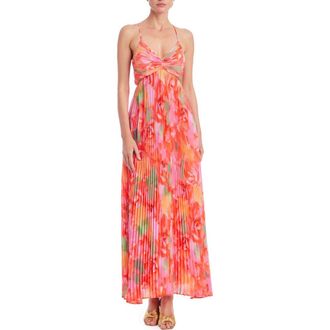 Badgley Mischka Floral Pleated Open Back Gown in Coral Multi at Nordstrom, Size 10