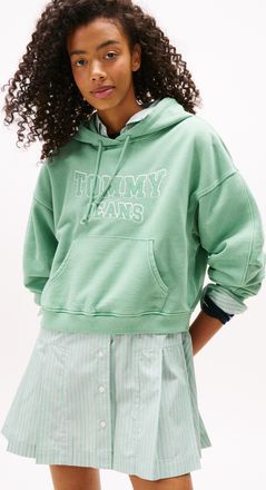 Tommy Jeans Kapuzensweatshirt TOMMY JEANS TJW BXY CRP VARSITY HOODIE, Damen, Gr. XL (42), cloudy jade, Sweatware, Obermaterial: 100% Baumwolle, bedruckt, Sweatshi