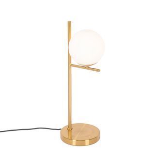 QAZQA Dise&ntilde;o L&aacute;mpara De Mesa Art Deco Dorada Y Cristal Opal - Flore Acero /vidrio Esfera /alargada Adecuado Para Led Max. 1 X 25 Watt - Qazqa