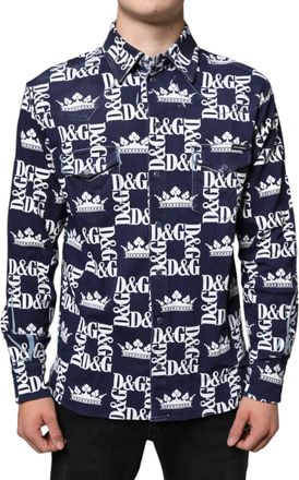 Dolce & Gabbana Mens Blue Crown Logo Print Slim Fit Cotton Shirt And White Elastane