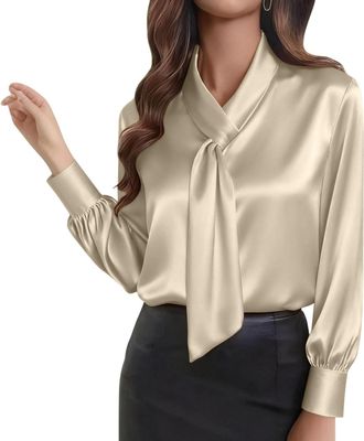 Generic GMQWRK Tie Neck Satin Shirts for Women UK Silk Long Sleeve Shirt with Buttons Cuffs Plain Lightweight Collared Neck Tops Ladies Fashion Casual Busines