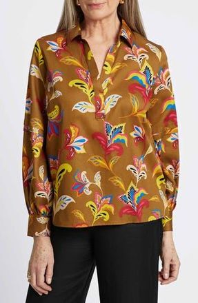 Foxcroft Frankie Wrinkle Resistant Top in Brown Multi at Nordstrom Rack, Size X-Large