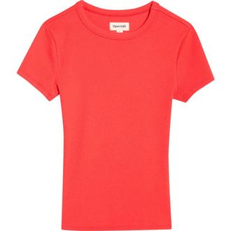 Open Edit Rib Short Sleeve Shirt in Red Tomato at Nordstrom, Size Xx-Small