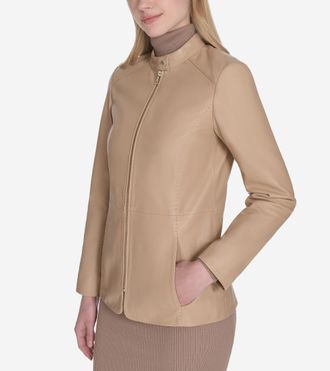 Cole Haan Womens Stand Collar Leather Jacket - Beige Size Medium