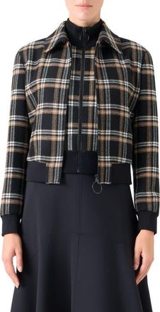 Akris Plaid Tricotine Tweed Bomber Jacket in Black-Camel-Cream at Nordstrom, Size 10