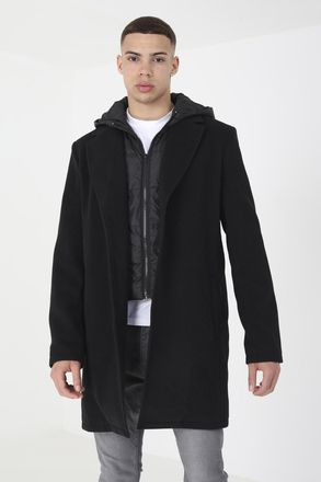 Brave Soul Mens Black Single Breasted Double Layer Hooded Overcoat - Size Medium