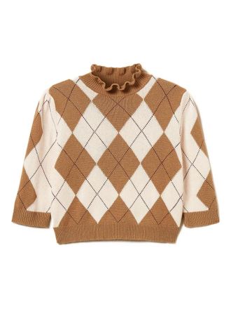 Twin-Set diamond-pattern ruffled-neck sweater - women - Viscose/Polyamide/Wool/Cashmere - L - Brown
