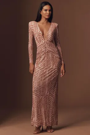 PatBo Long-Sleeve Plunge-Neck Printed Maxi Dress