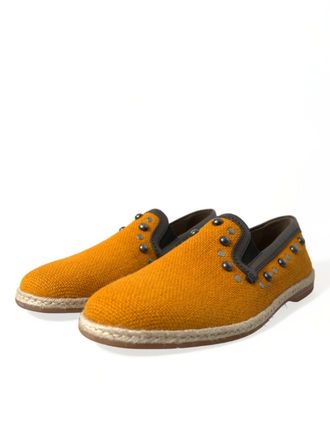 Dolce & Gabbana Mens Orange Linen Leather Studded Loafers Shoes