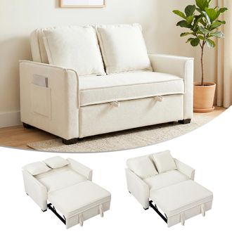 HOMCOM Homcom Sof&aacute; Cama 2 Plazas 3 En 1, De Tejido Rizo Con Respaldo Ajustable, Bolsillos Laterales, 2 Almohadas Para Sala De Estar, Espacios Peque&ntilde;os, Crema