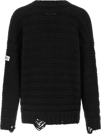 Maison Margiela Mens Cardigan V-Neck Destroyed Black Virgin Wool Cardigans Sweater