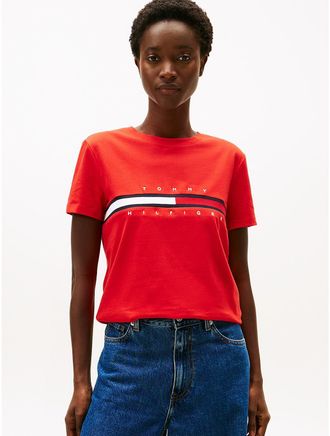 Tommy Hilfiger Womens Embroidered Flag Stripe Logo T-Shirt - Deep Crimson - XXL