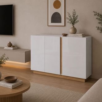 Dmora Aparador Hala, Alacena 3 Estantes, Puerta Batiente, 3 Puertas, 138x40x91h Cm Blanco Brillante