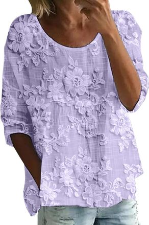 Generic Broderie Anglaise Tops Women Gauze Cotton Linen Shirts Crew Neck 3/4 Sleeve Ladies Loose Fit Casual Boho Tops Plus Size Summer Floral Print Lightweigh