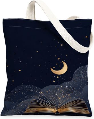Generic Navy Canvas Tote Bags, Elegant Book and Moon Design Reusable Grocery Bags, Vintage Lightweight Washable Shoulder Strap Canv, Navy, 13x15 Inch