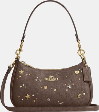 Coach Womens Teri Shoulder Bag With Rivets - Brown Leather - One Size