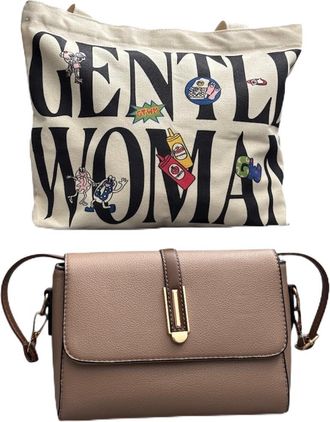 Generic DUAL DESIGN SET: Gentle Woman Canvas Tote Bag, Natural Cotton with Decorative Typography Print and a Casual Shoulder Bag for Daily Use