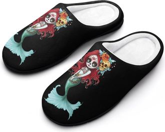 Generic Mermaid with Day of The Dead Mens Slippers Memory Foam Winter Warm Sandals Slip On House Shoes Size 7-14