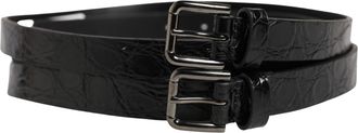 Dolce & Gabbana Mens Black Double Strap Leather Silver Buckle Belt Caiman