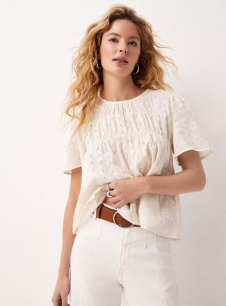 Ichi Womens Floral embroidery puff-sleeve blouse