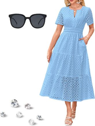Generic 2025 Womens Summer V-Neck A-Line Hollow Eyelet Lace Pleated Short-Sleeved Long Dress, High Waist Maxi Dresses with Pockets (Light Blue,M)