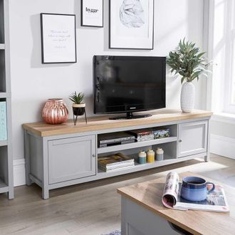 Home Source Industries 2 Door TV Stand Unit with Storage Cabinet & Open Shelving in Grey