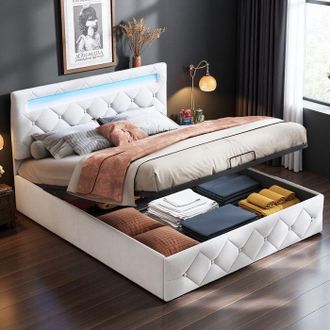 OEM Cama Adulta 140x200 Cm Con Almacenamiento Cofre Hidr&aacute;ulico Y Mesita De Noche Integrada - Cama Doble Con Lamas, Terciopelo Blanco Roto Estilo Lux