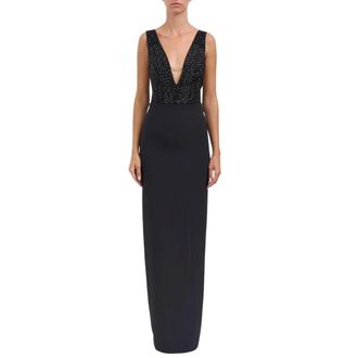 Elisabetta Franchi Kleedjes, Dames, Zwart, M, Leer, Beaded Plunge Neck Gown