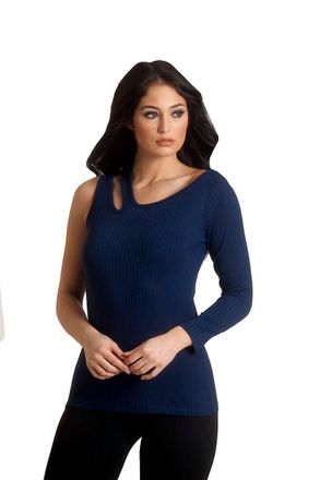 French Kyss Asymmetrical Sleeve Top In Navy