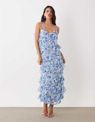 Vila Vestito lungo asimmetrico con volant e spacco laterale blu a fiori