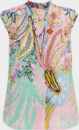 Maison Common Digital-Print V-Neck Cap-Sleeve Silk Blouse