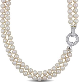 Amour 7-8mm Freshwater Cultured Pearl 2-Strand Necklace with Cubic Zirconia Clasp In Sterling Silver, 16 & 17 In