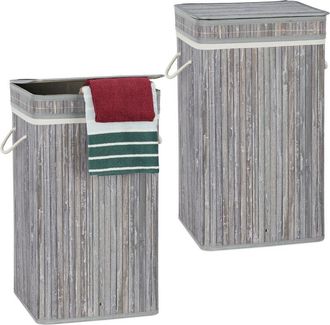 Relaxdays Relaxdays - 2 Cestos Ropa Sucia Con Tapa, Cubo Colada, Cuadrado, Canasta, Bamb&uacute;, 70 L, 63 X 36 X 36 Cm, Gris