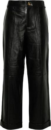 &Aacute;eron Zwarte Leren Manchet Casual Broek - Dames - Leren Broeken - Zwart - 2XS - Leer - Broeken