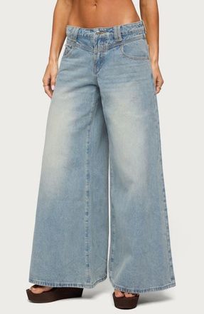 Edikted Stitched Low Rise Wide Leg Jeans in Blue-Vintage-Washed at Nordstrom, Size X-Small