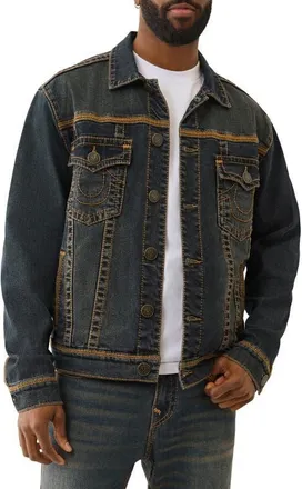 True Religion Super Flatlock Denim Trucker Jacket in Greenland Dark Wash at Nordstrom, Size Xx-Large