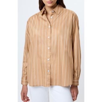 French Connection Alexis Stripe Cotton Poplin Button-Up Shirt in Macchiato at Nordstrom, Size X-Small