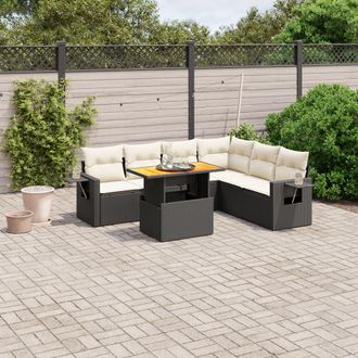 vidaXL Vidaxl - Set De Comedor De Jard&iacute;n 7 Pzas Y Cojines Rat&aacute;n Sint&eacute;tico Negro