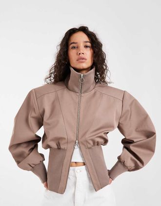 Asos giacca a coste profonde con vita stretta e chiusura con zip in tan-Marrone
